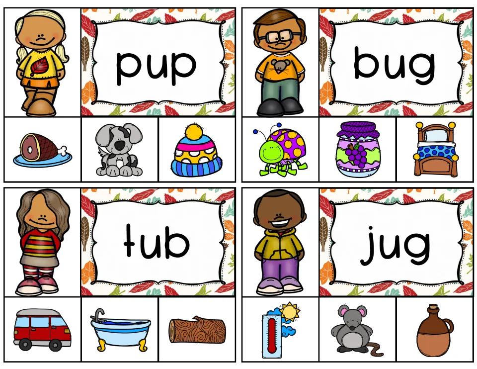 Short-u clip cards for pup, bug, tub, and jug, with three picture choices including a puppy, bug, tub, and jug