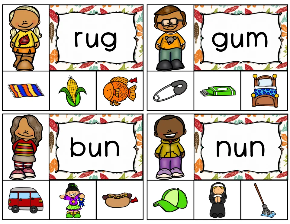 Short-u clip cards for rug, gum, bun, and nun, each pairing a word with three pictures for students to choose