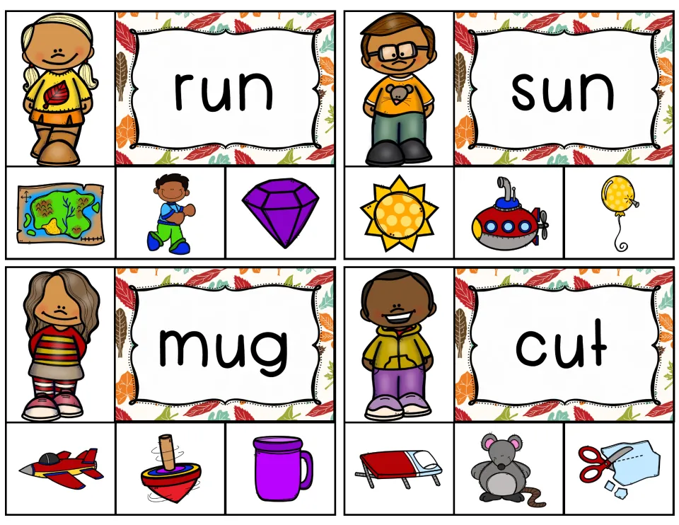 Short-u clip cards for run, sun, mug, and cut, with picture choices showing running, the sun, a mug, and cutting