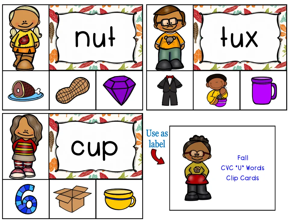 Final short-u clip cards for nut, tux, and cup, each with three picture choices, plus a label for the storage box