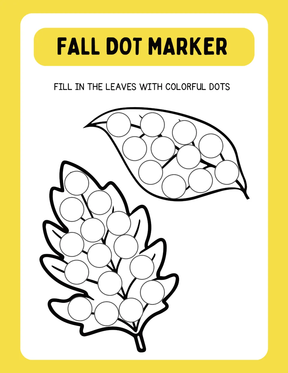 Autumn leaves dotting page: students stamp a dot in each circle on a long slender leaf and a lobed oak-style leaf