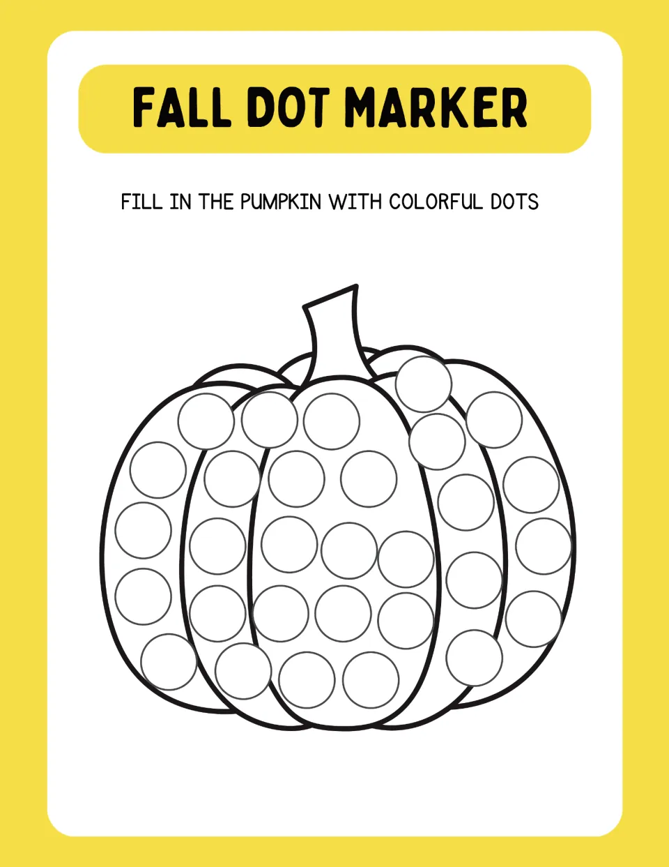 Pumpkin dotting page: students stamp dots into the circles on a ribbed pumpkin with five rounded sections and a stem