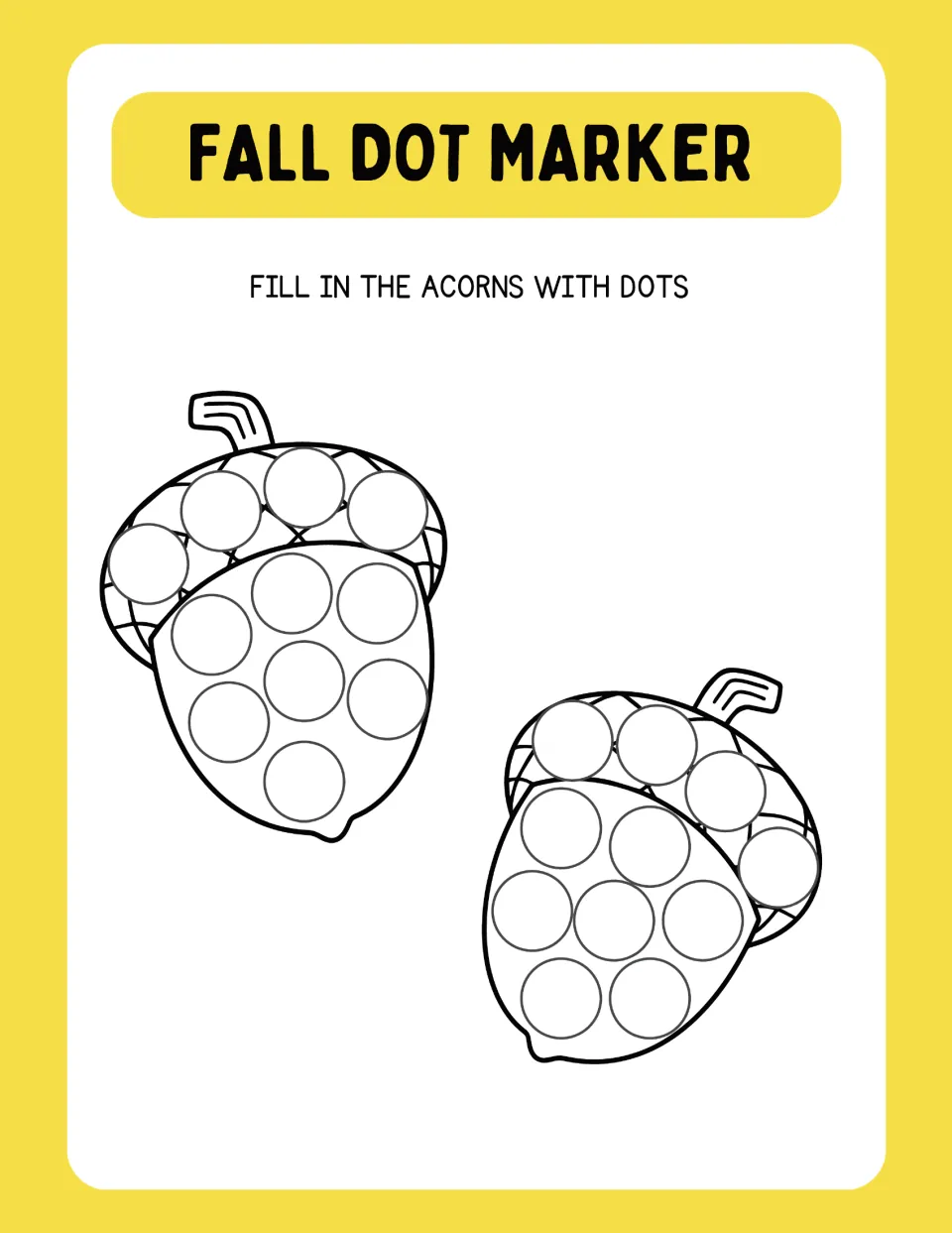 Two acorns dotting page: students press a dot marker into each circle on the caps and nuts of a pair of tilted acorns