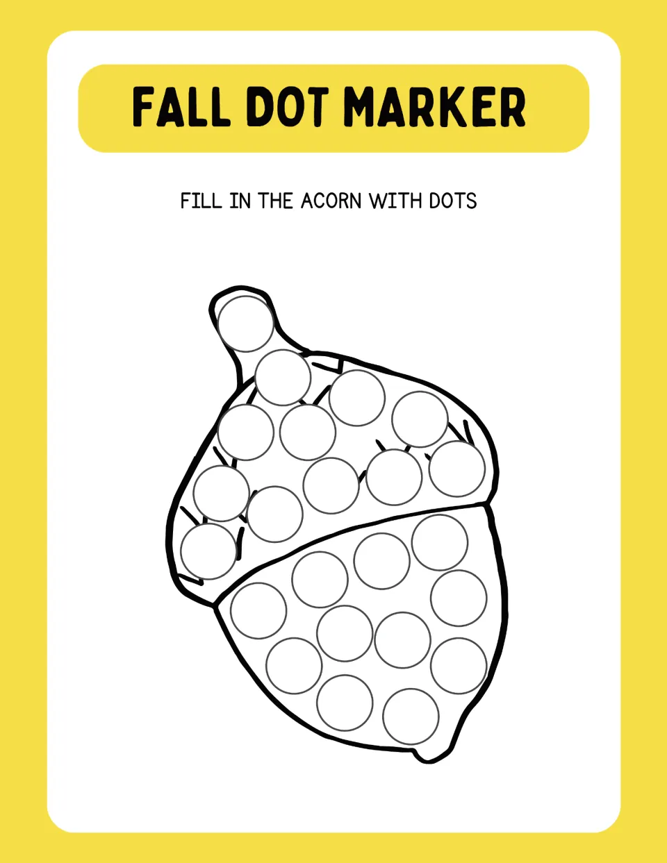 Single large acorn dotting page: students fill the circles across the textured cap and smooth nut with dot marker dots