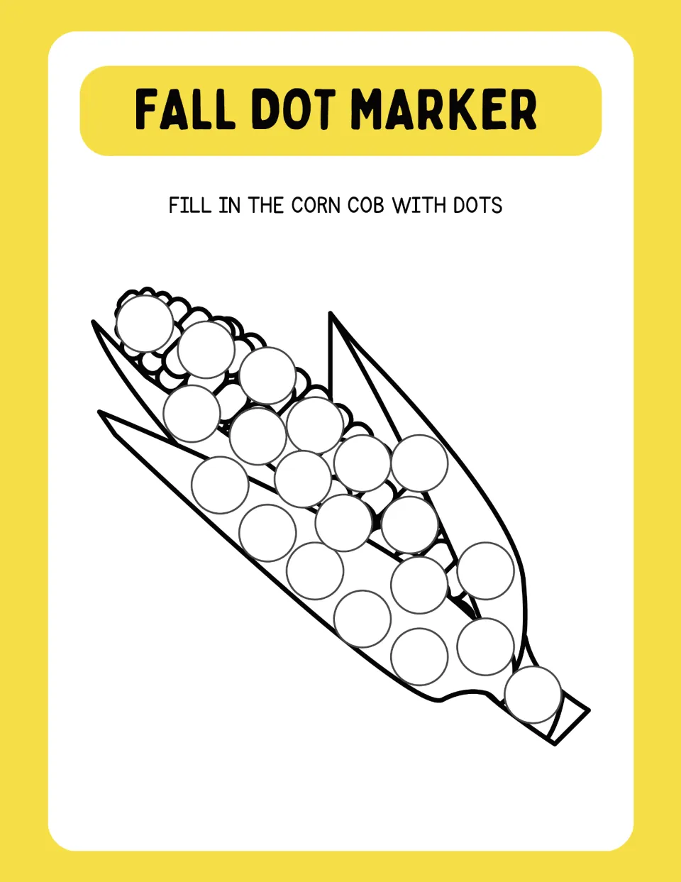 Corn cob dotting page: students stamp dots into the circles along a diagonal ear of corn with husks peeled back