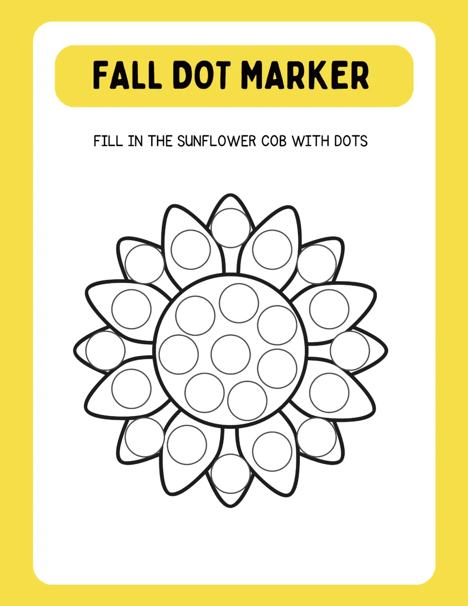 Sunflower dotting page: students stamp a dot in each circle on the round center and the ring of petals of a sunflower
