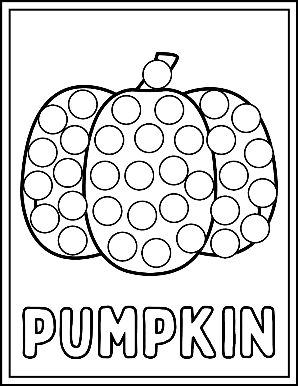 Pumpkin dot marker page: students stamp every circle on a three-section pumpkin, including one dot on its short stem