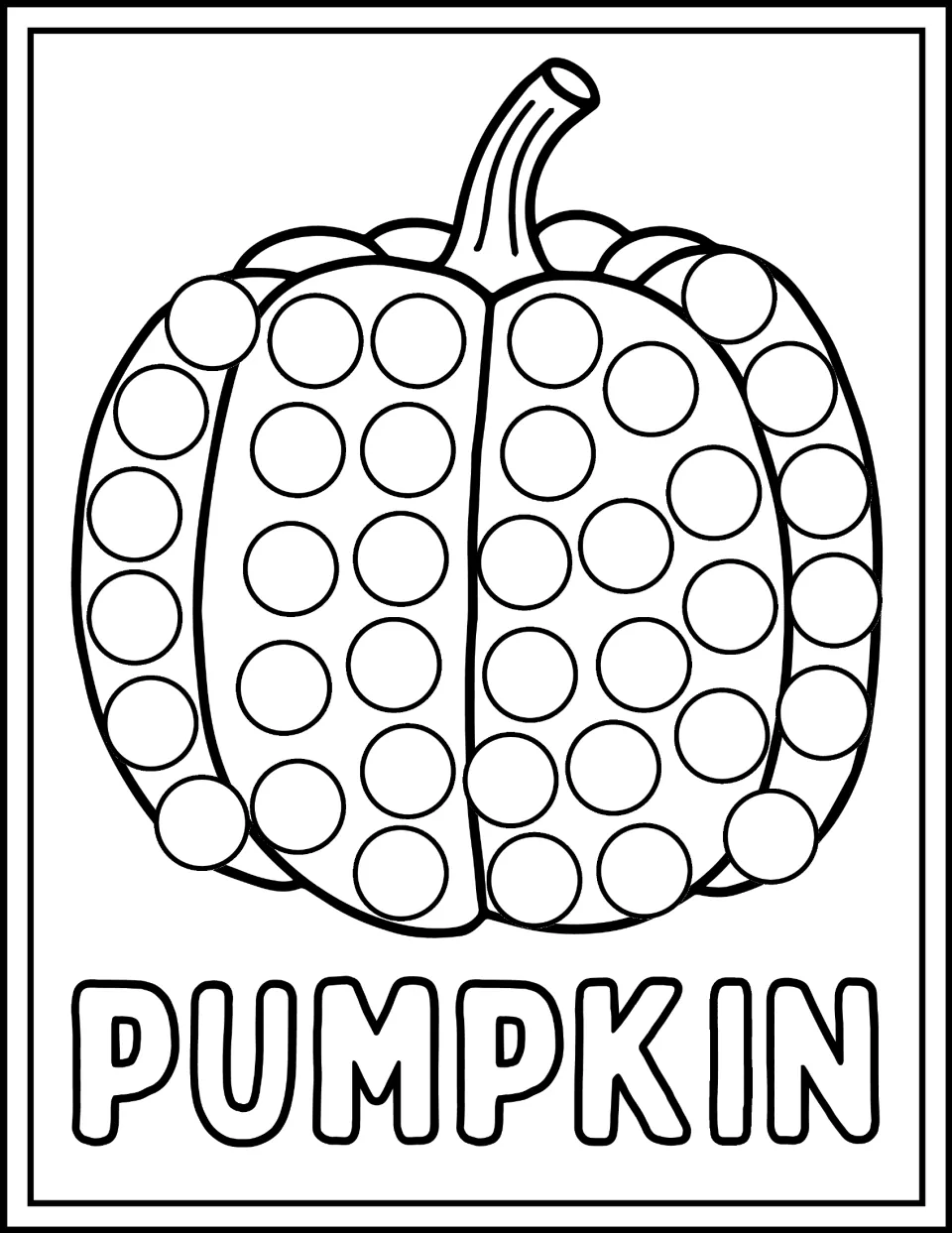 Pumpkin dot marker page: students dot the circles on a round pumpkin with a center seam and a long curved stem