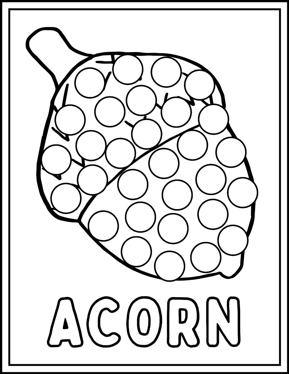 Acorn dot marker page: students stamp a dot in each circle on a large acorn's cap and nut, with the word ACORN below