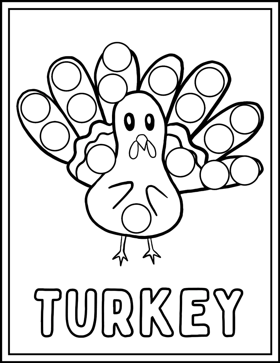 Turkey dot marker page: students stamp circles on a turkey's fanned tail feathers, wings and body, labeled TURKEY
