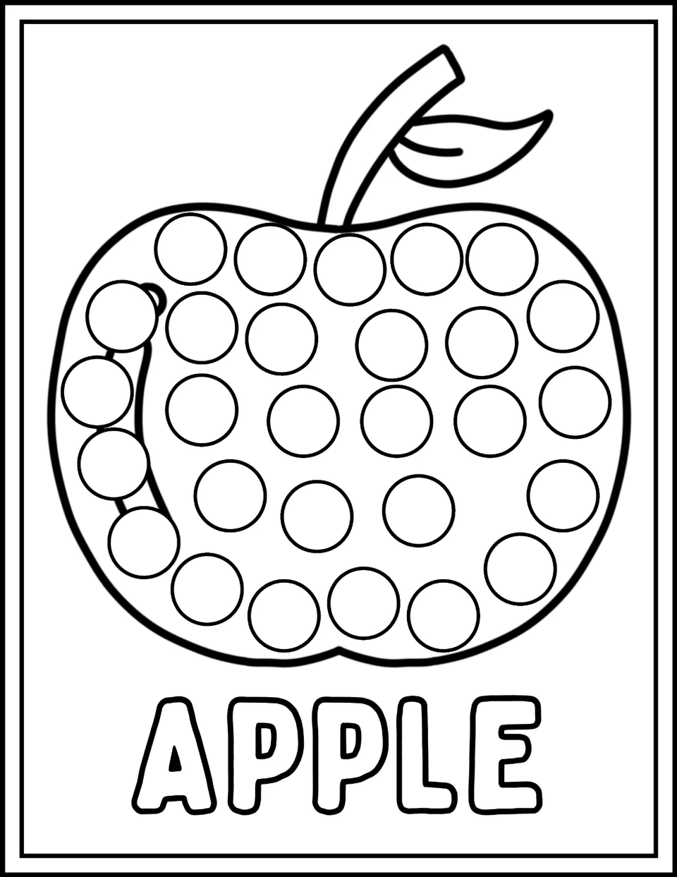 Apple dot marker page: students dab every circle on a large apple with a stem and leaf, with the word APPLE below