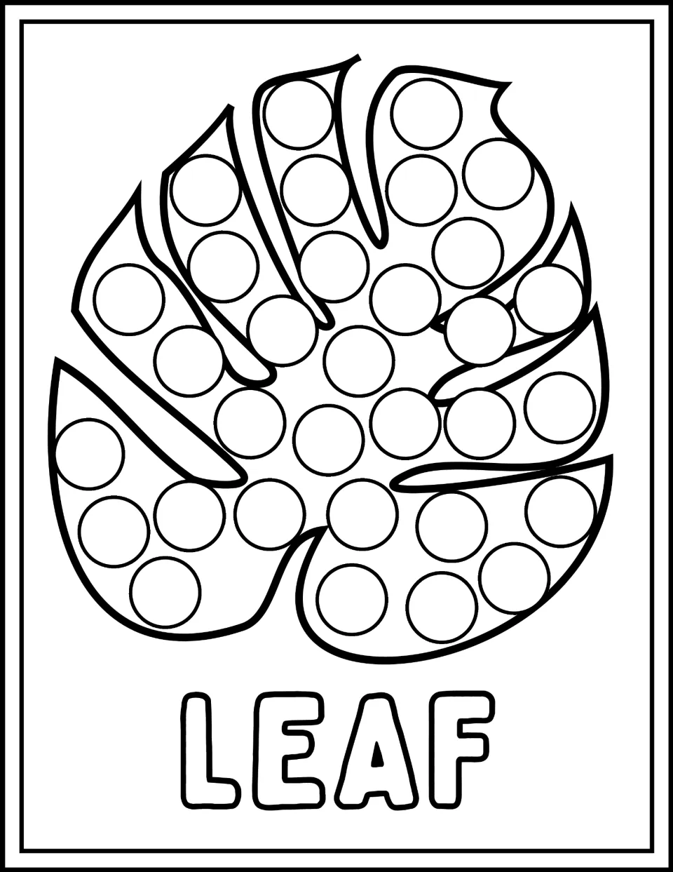 Leaf dot marker page: students stamp a dot in each circle across a large split leaf shape, with the word LEAF below