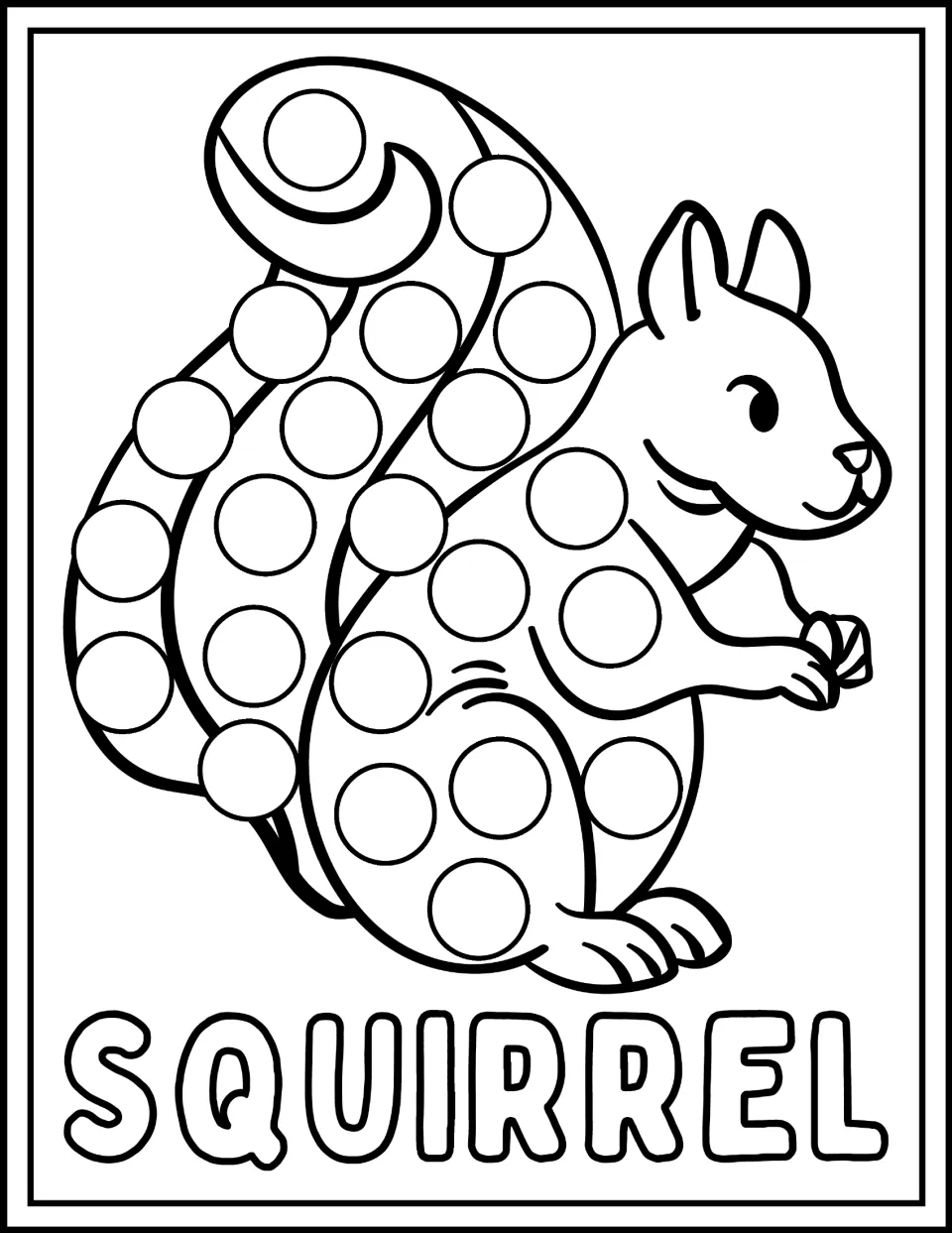Squirrel dot marker page: students stamp each circle on the curled tail and body of a squirrel holding an acorn