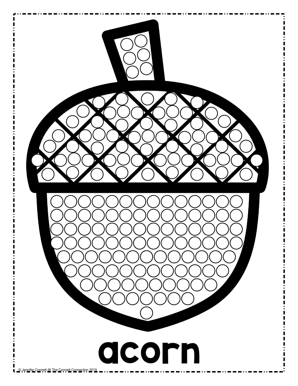 Acorn dot art page: children press a dot marker into each circle on the cap and nut of a large acorn labeled "acorn"