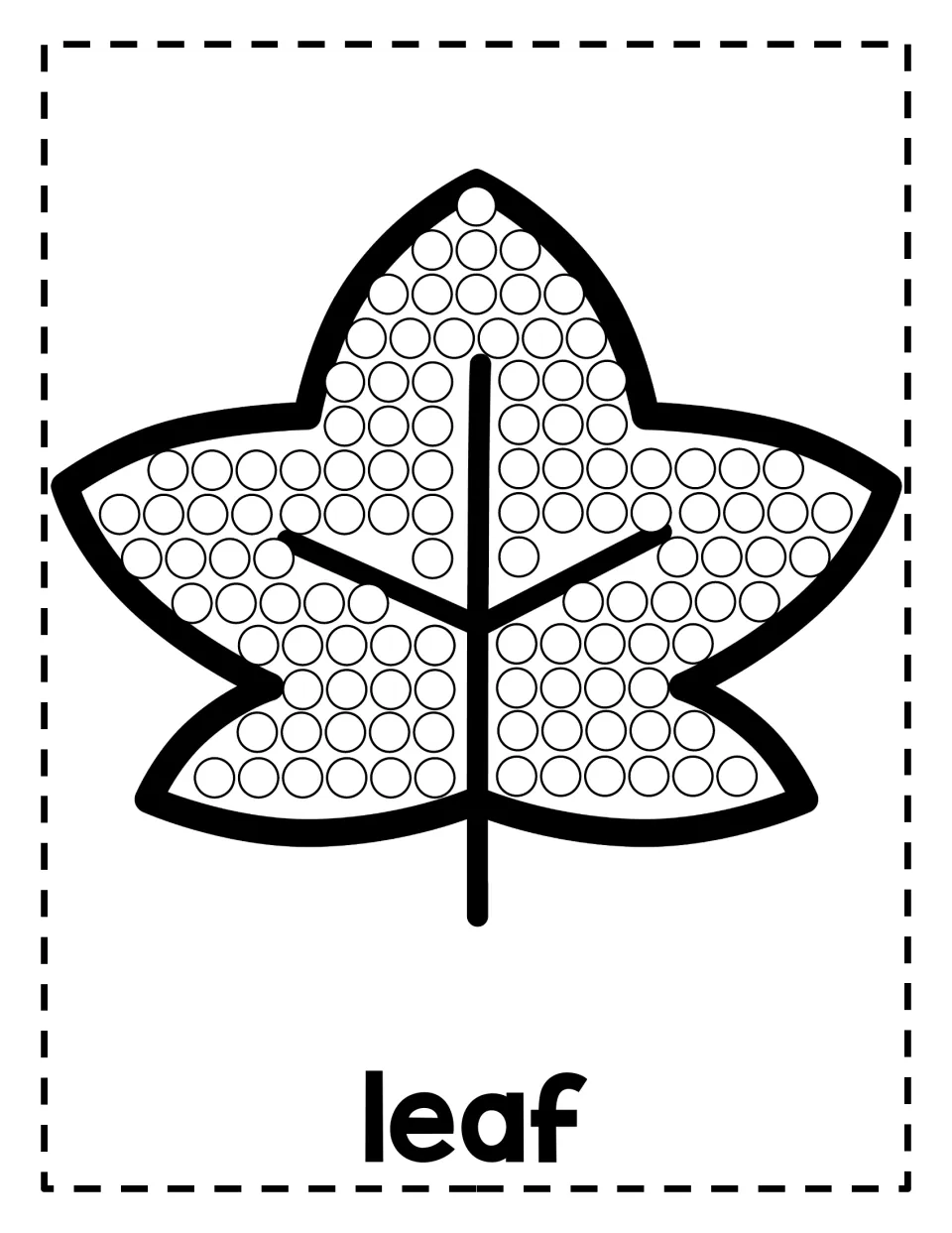 Maple leaf dot page: kids fill rows of empty circles around the veins of a five-point leaf, with the word "leaf" below