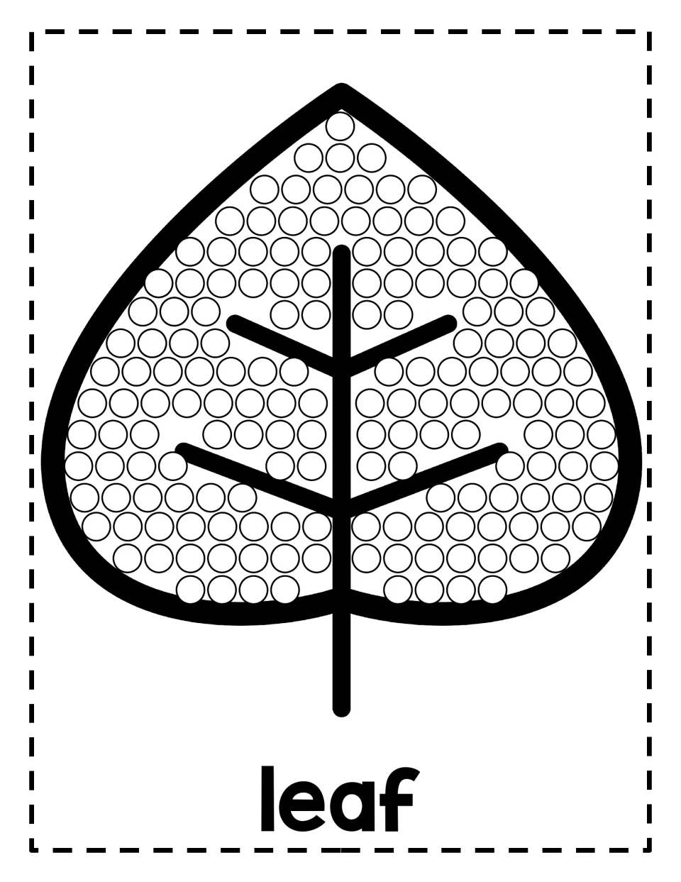 Rounded leaf with a center stem and branching veins; students stamp a dot in every circle and read the label "leaf"