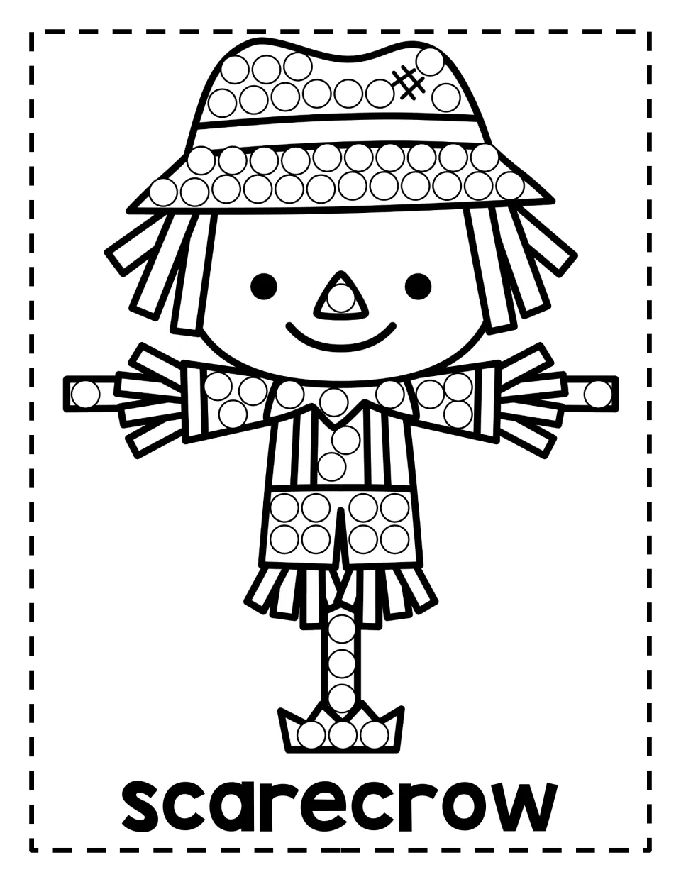 Smiling scarecrow in a patched hat: students dab circles on the hat, nose, shirt, pants, post and boot; word "scarecrow"