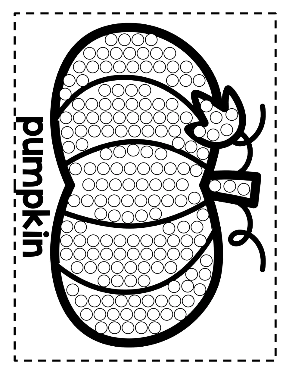 Pumpkin with a leaf, stem and curly vines, printed sideways; children fill each circle in its ribbed sections; "pumpkin"