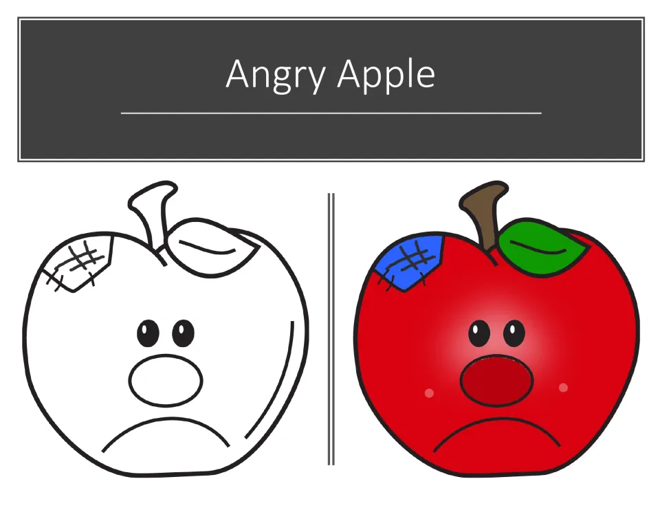 Angry Apple adjective picture: a frowning apple shown as a black-and-white outline beside a full-color red version