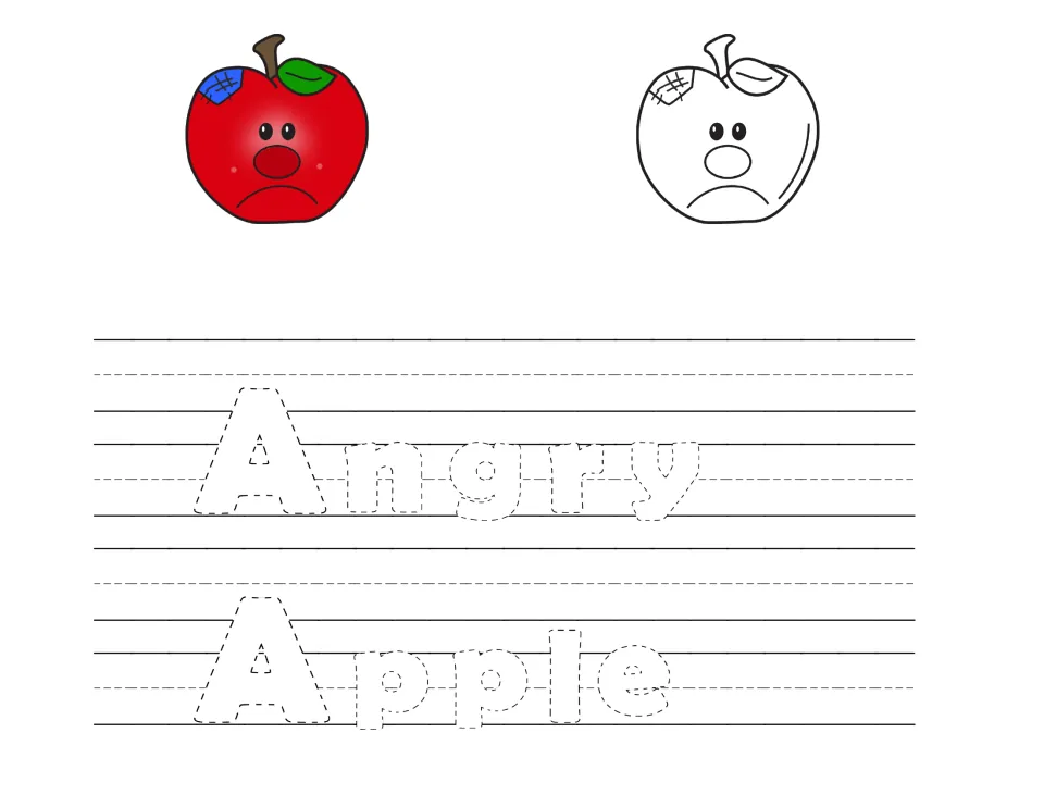 Angry Apple handwriting: students trace the dotted words Angry and Apple below a colored and an outline frowning apple