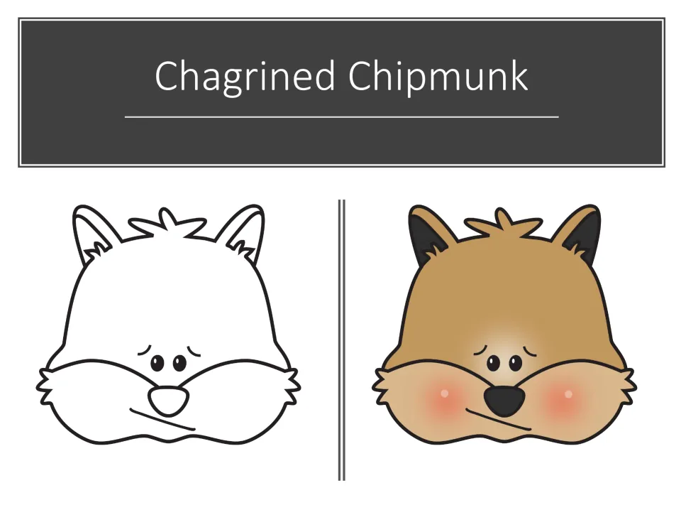 Chagrined Chipmunk adjective picture: a worried-looking chipmunk face as a black-and-white outline and in brown color