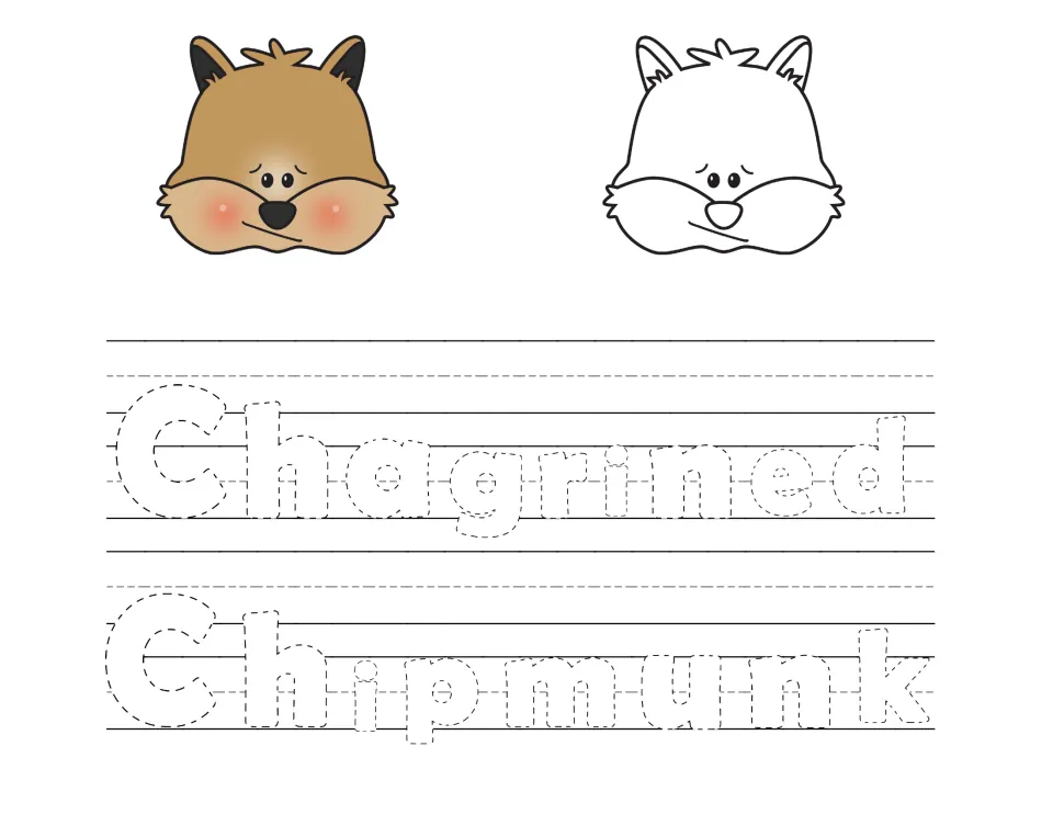 Chagrined Chipmunk handwriting: students trace the dotted words Chagrined and Chipmunk under two chipmunk face pictures