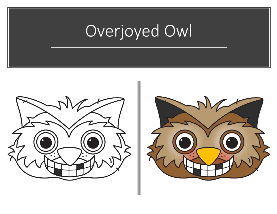Overjoyed Owl adjective picture: a grinning owl face with a missing tooth, as a black-and-white outline and in brown color