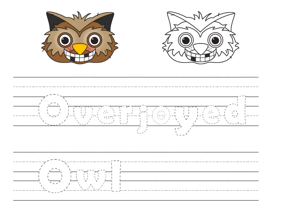 Overjoyed Owl handwriting: students trace the dotted words Overjoyed and Owl beneath a colored and an outline owl face