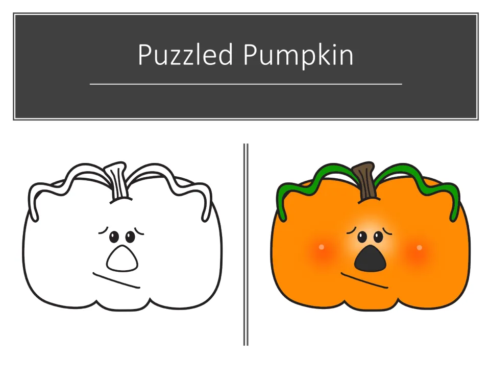 Puzzled Pumpkin adjective picture: a pumpkin with a confused face shown as a black-and-white outline and in orange color