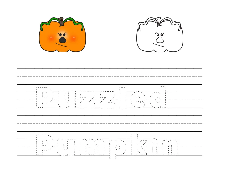 Puzzled Pumpkin handwriting: students trace the dotted words Puzzled and Pumpkin below a colored and an outline pumpkin
