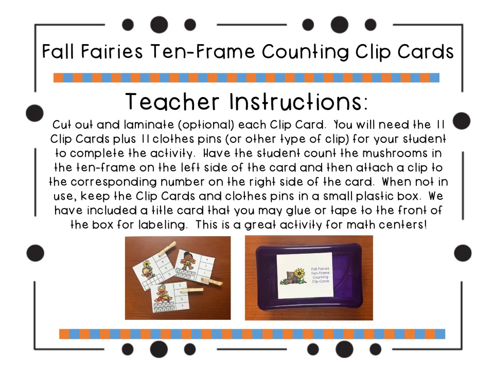 Teacher instructions for preparing 11 counting clip cards, matching mushroom counts to numbers, and storage.