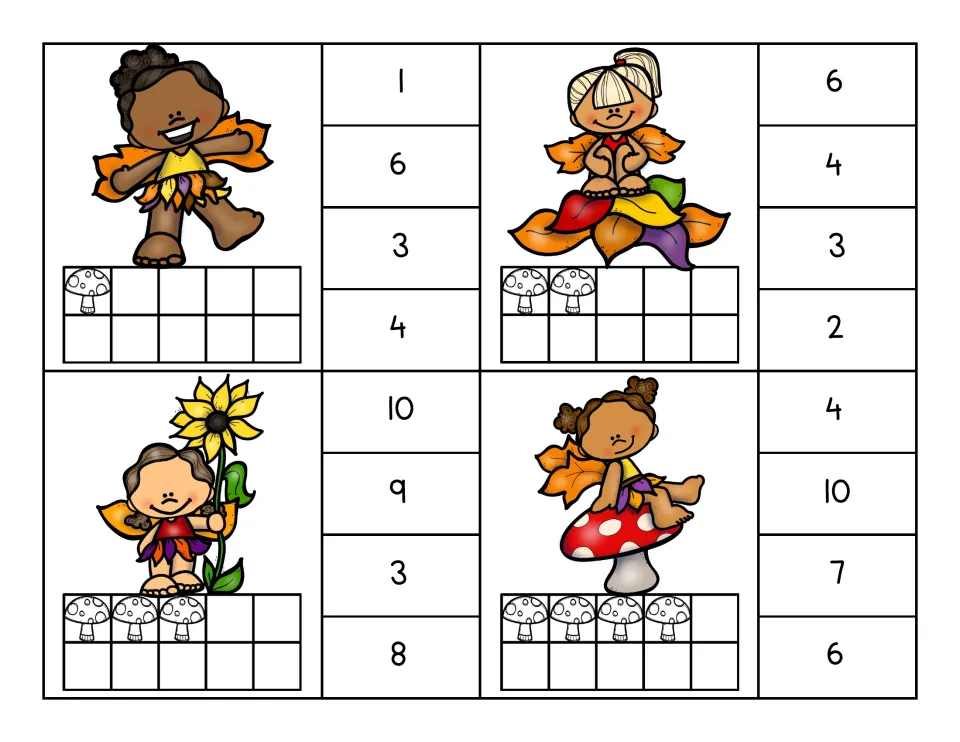 Counting clip cards for 1, 2, 3, and 4 mushrooms in ten frames, each offering four number choices to clip.