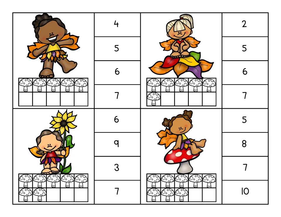 Counting clip cards for 5, 6, 7, and 8 mushrooms in ten frames, each offering four number choices to clip.