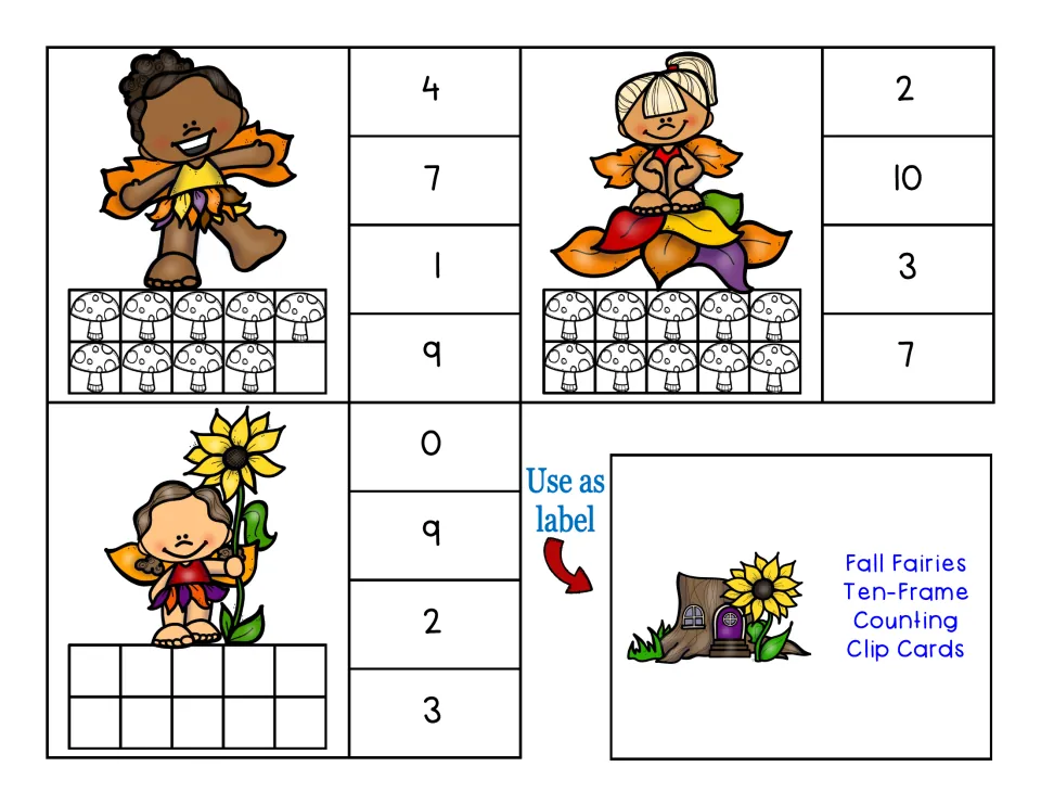 Final counting clip cards show 9, 10, and 0 mushrooms in ten frames, alongside a label for the storage box.