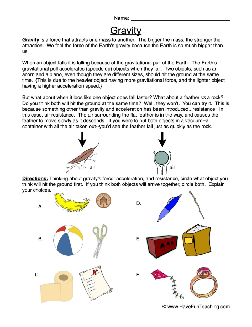 Gravity worksheet: reading on gravity and air resistance, plus six object pairs to compare falling speeds