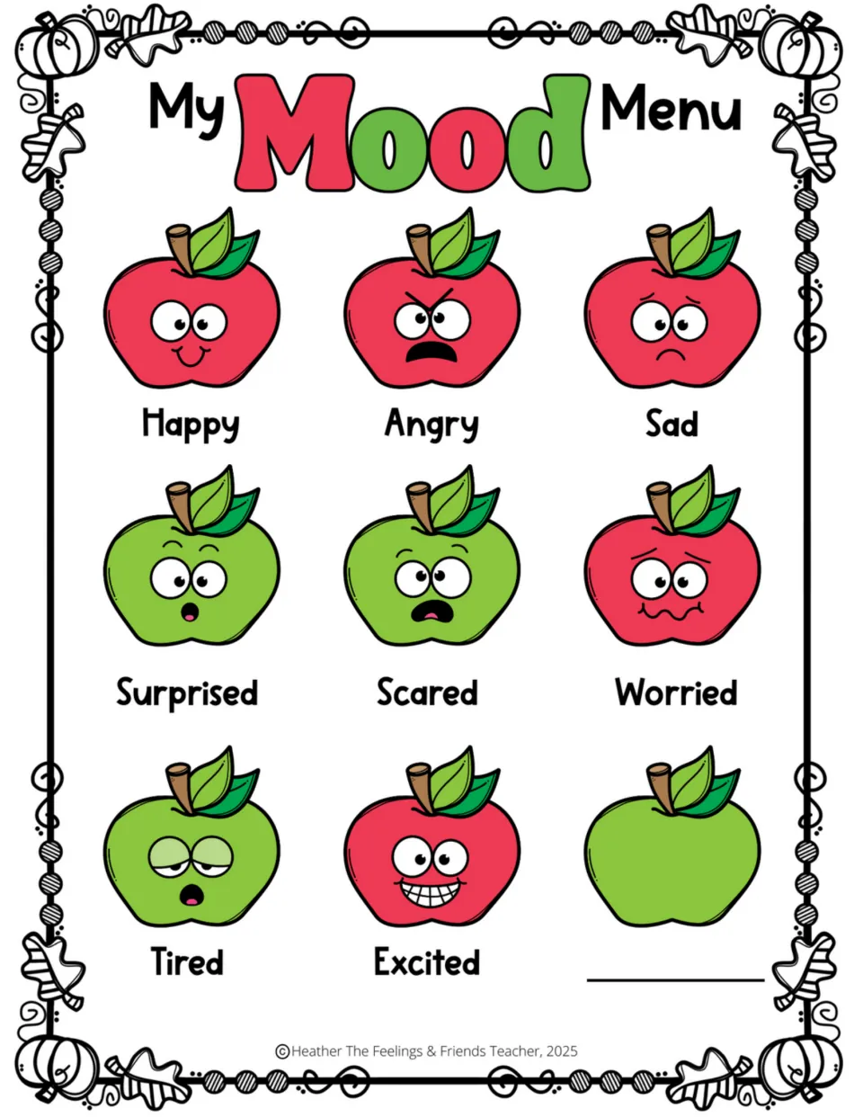 My Mood Menu in color: students pick from apple faces for happy, angry, sad, surprised, scared, worried, tired or excited
