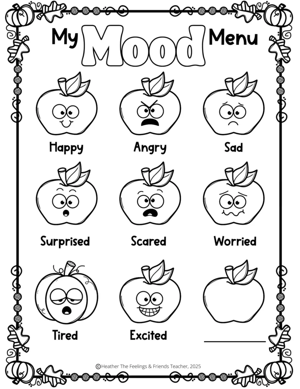 My Mood Menu to color: outlined feeling faces from happy to excited, a pumpkin for tired and a blank apple to draw in