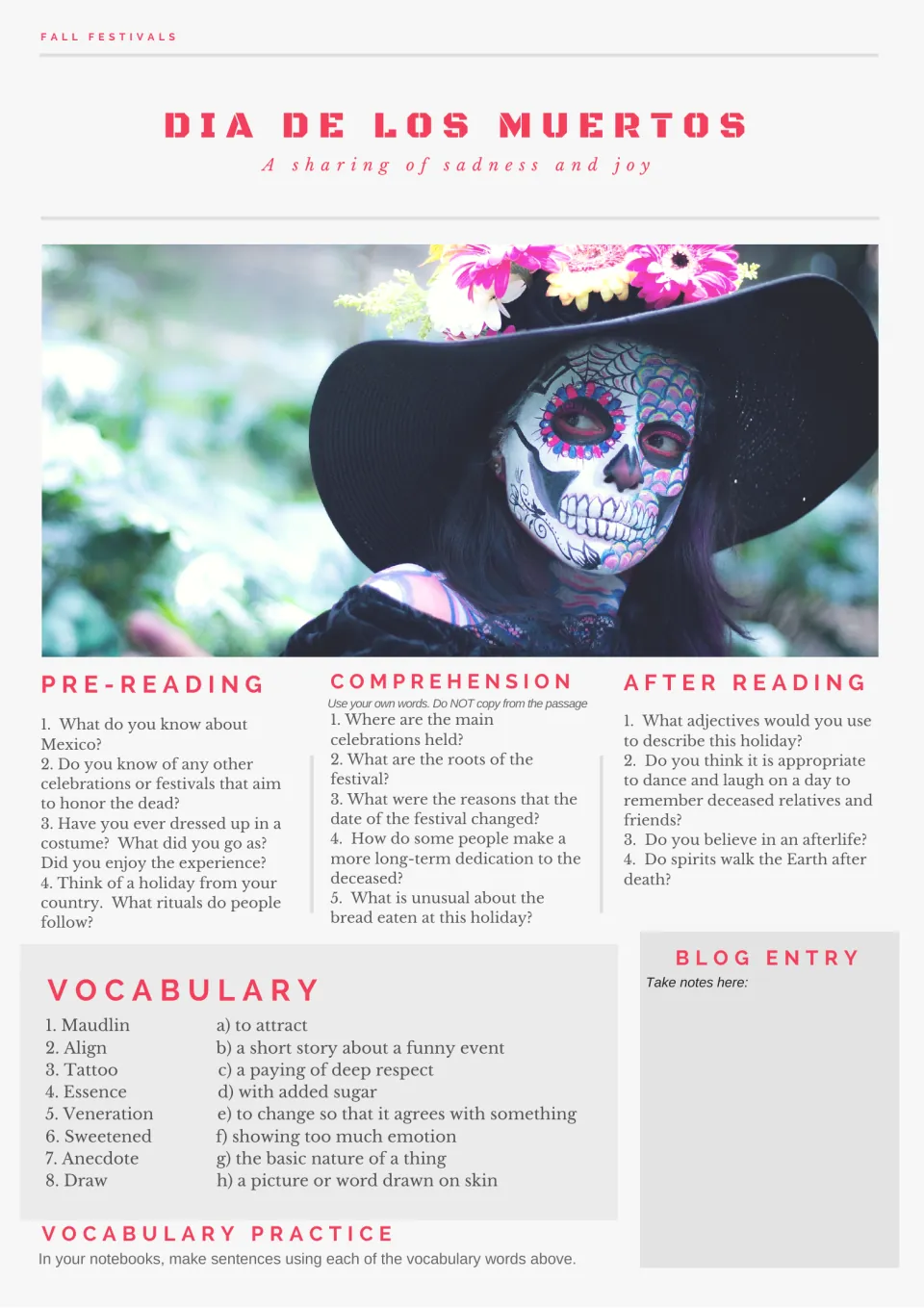 Day of the Dead activity sheet: pre-reading prompts, five comprehension questions, and vocabulary matching