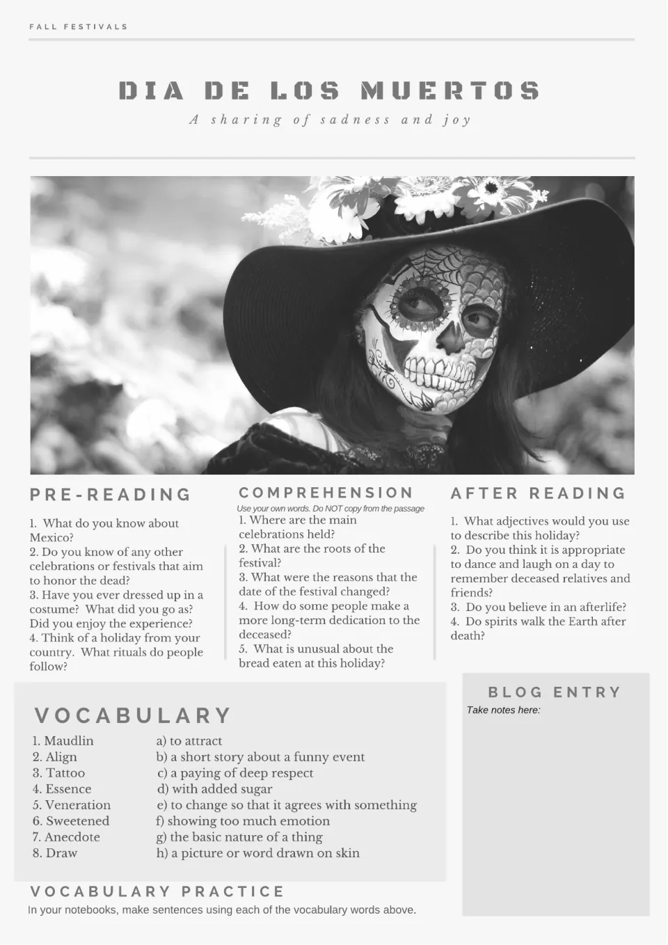 Black-and-white Day of the Dead activity sheet includes comprehension, vocabulary, and discussion questions