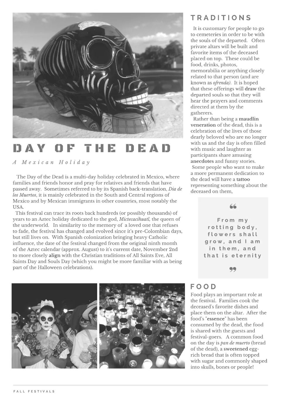 Black-and-white Day of the Dead reading covers festival history, cemetery visits, altars, and holiday food