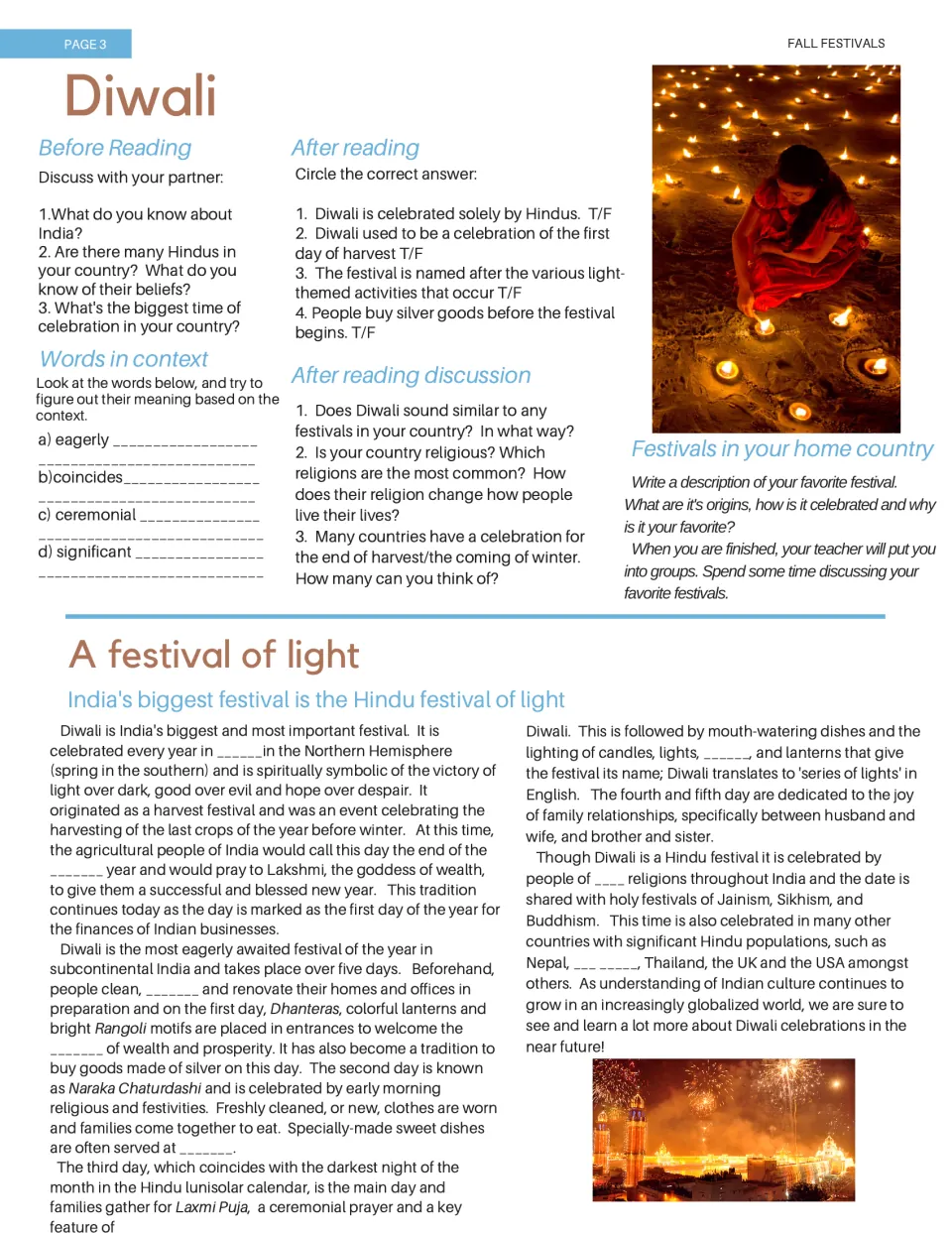 Color Diwali activity sheet pairs a gap-fill reading with true-or-false questions and festival writing prompts