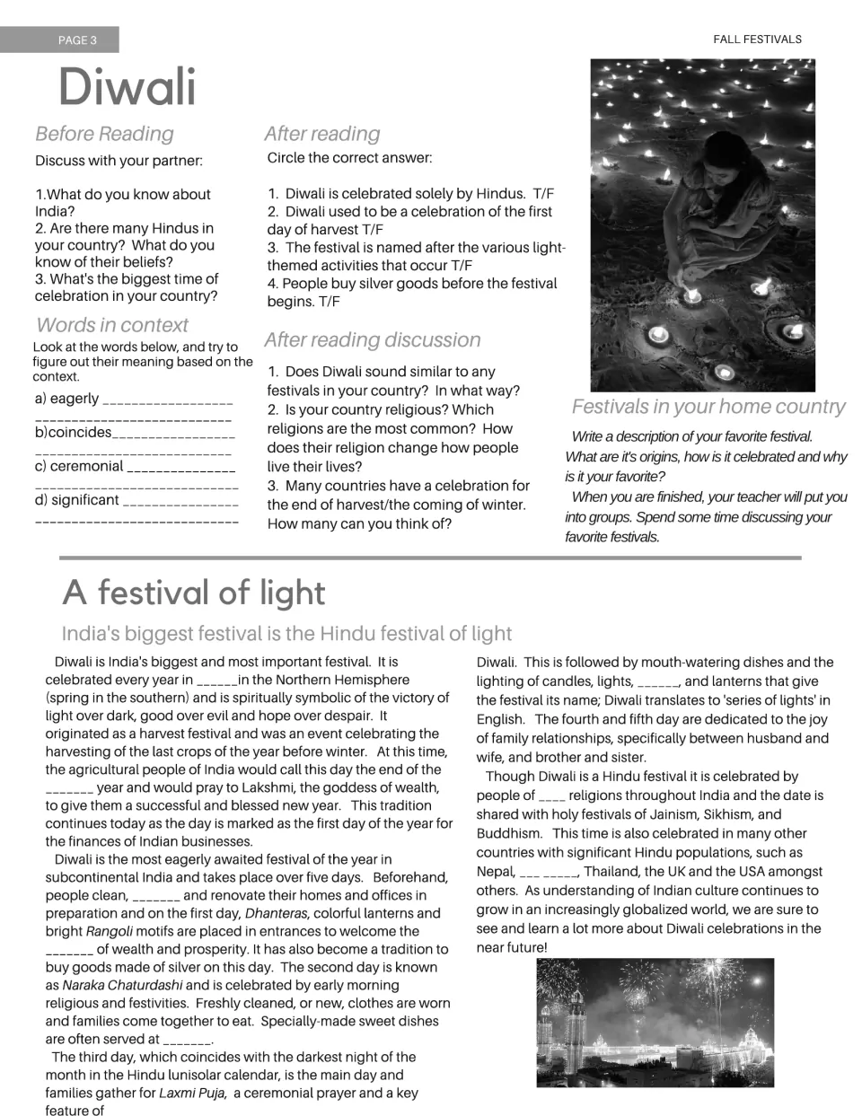 Black-and-white Diwali sheet includes a gap-fill passage, vocabulary in context, and festival discussion