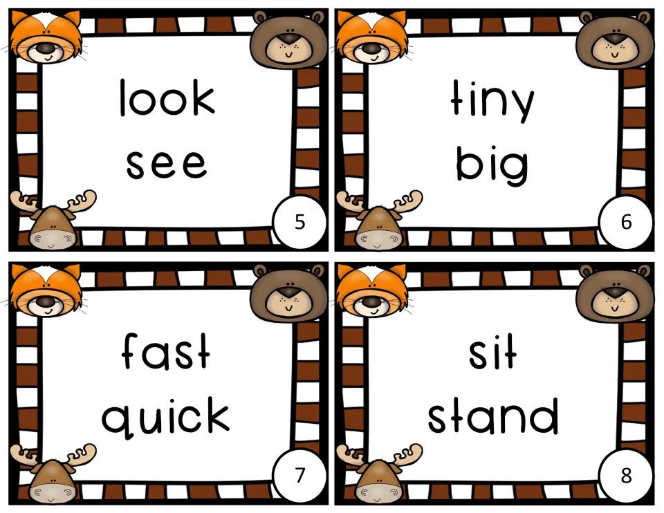Word-pair cards 5-8: students decide if look/see, tiny/big, fast/quick and sit/stand mean the same or opposite things