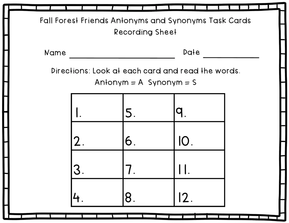 Recording sheet: students read each of the 12 cards and write A for antonym or S for synonym beside its number