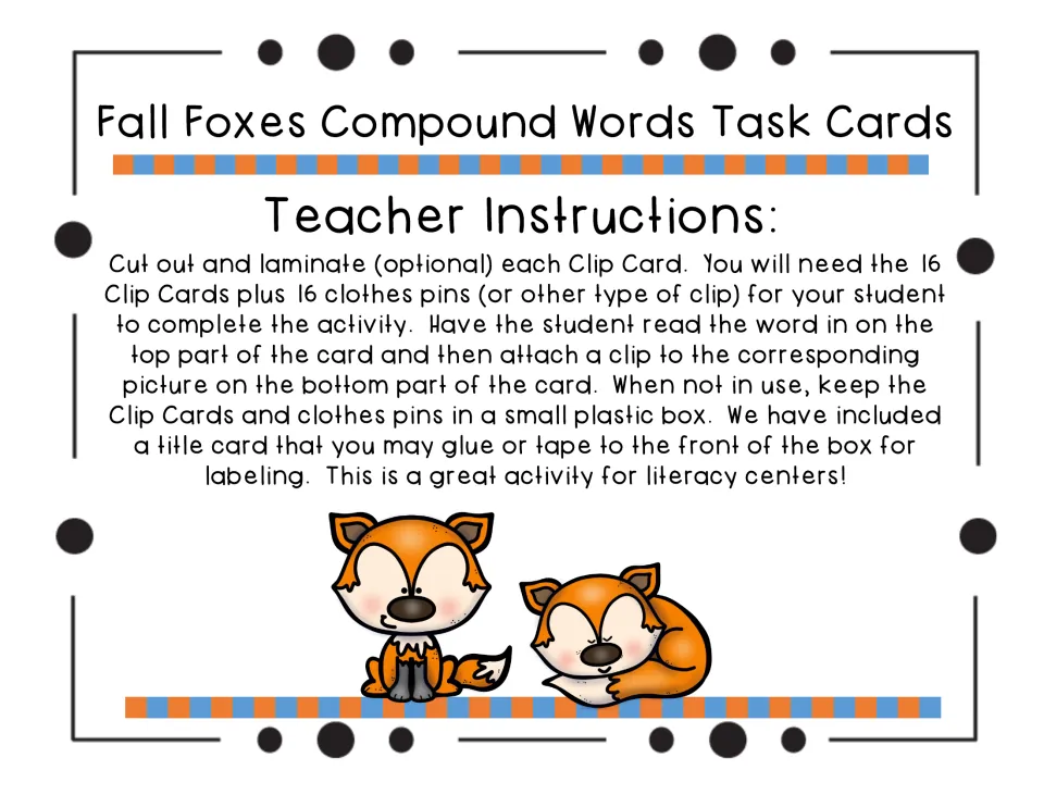 Teacher instructions for preparing 16 cards, using clothespins, and storing the materials in a plastic box