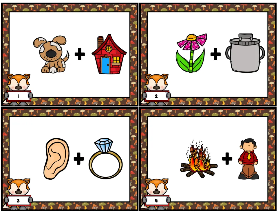 Compound word task cards 1–4 show picture pairs: dog + house, flower + pot, ear + ring, and fire + man