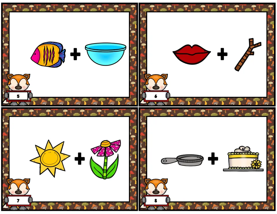 Compound word task cards 5–8 show picture pairs: fish + bowl, lips + stick, sun + flower, and pan + cake