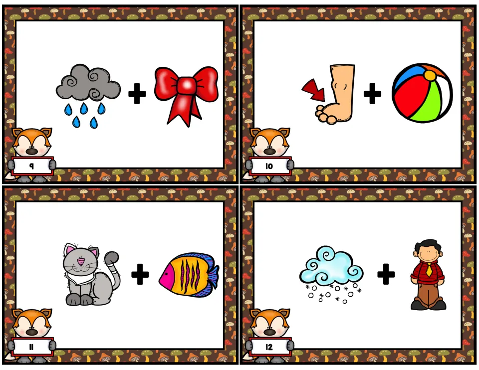 Compound word task cards 9–12 show picture pairs: rain + bow, foot + ball, cat + fish, and snow + man