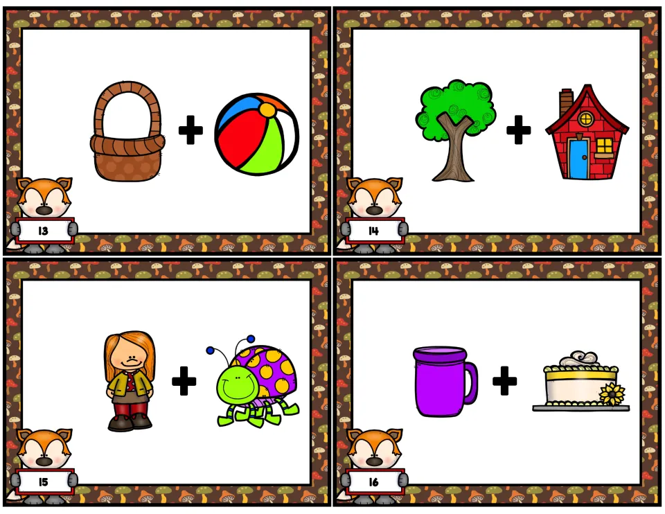 Compound word task cards 13–16 show picture pairs: basket + ball, tree + house, lady + bug, and cup + cake