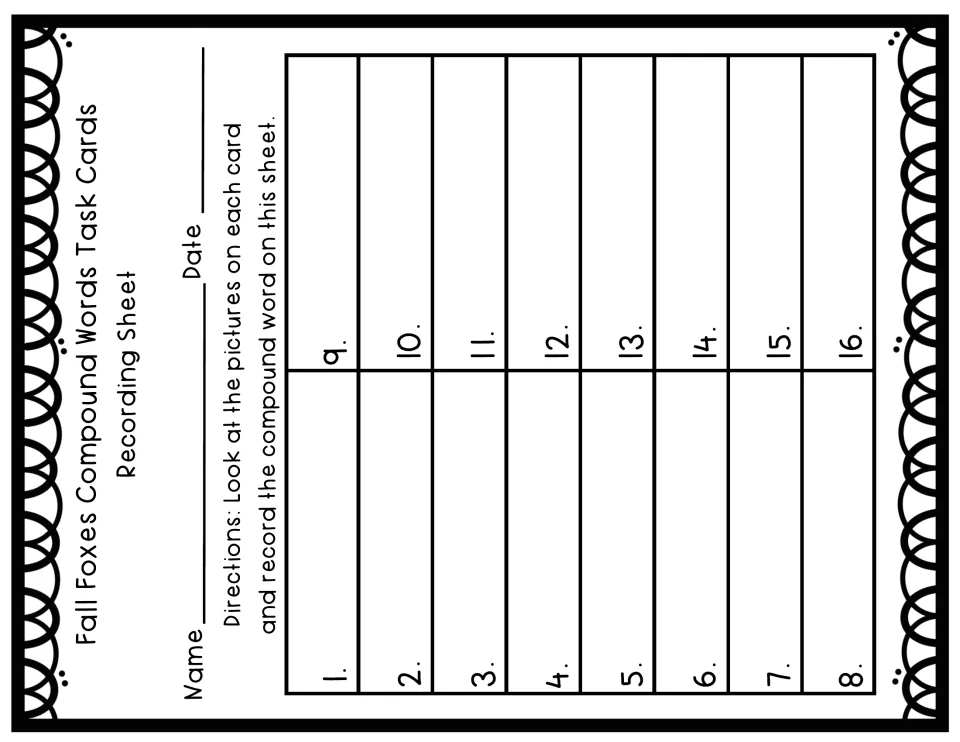 Recording sheet for cards 1–16 directs students to look at each card's pictures and write the compound word